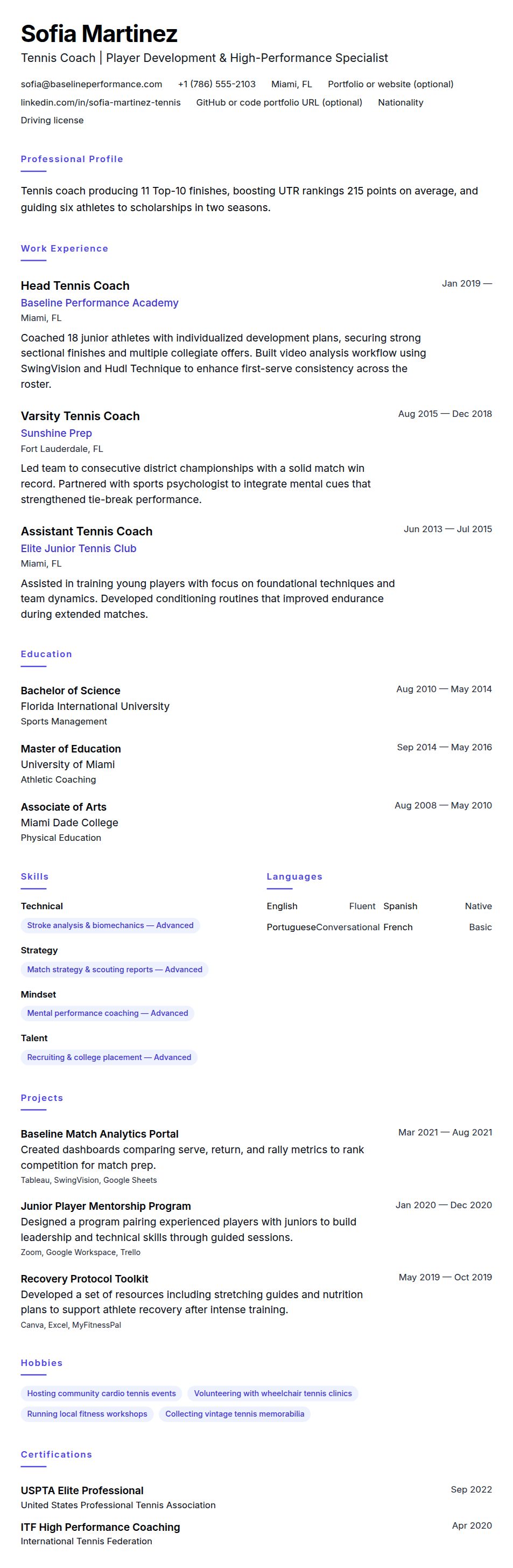 Resume preview for Tennis Coach Resume Example