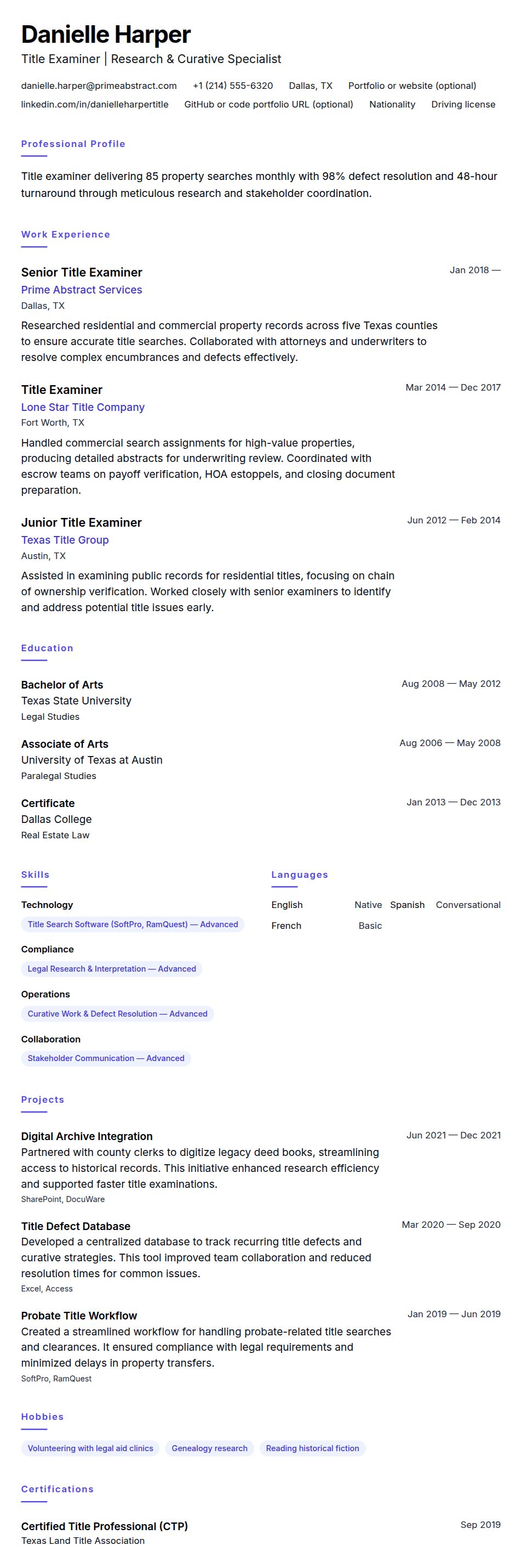 Resume preview for Title Examiner Resume Example