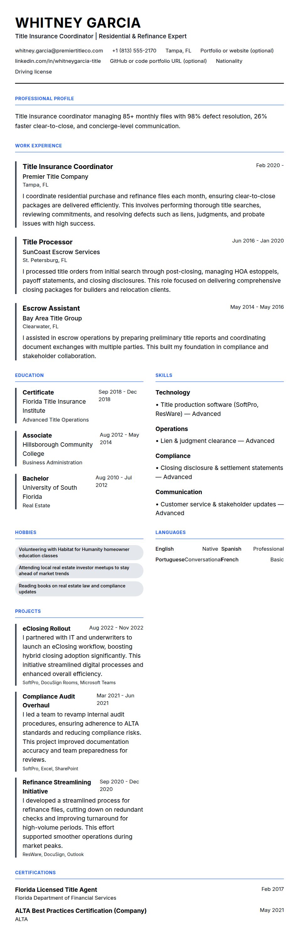 Resume preview for Title Insurance Coordinator Resume Example