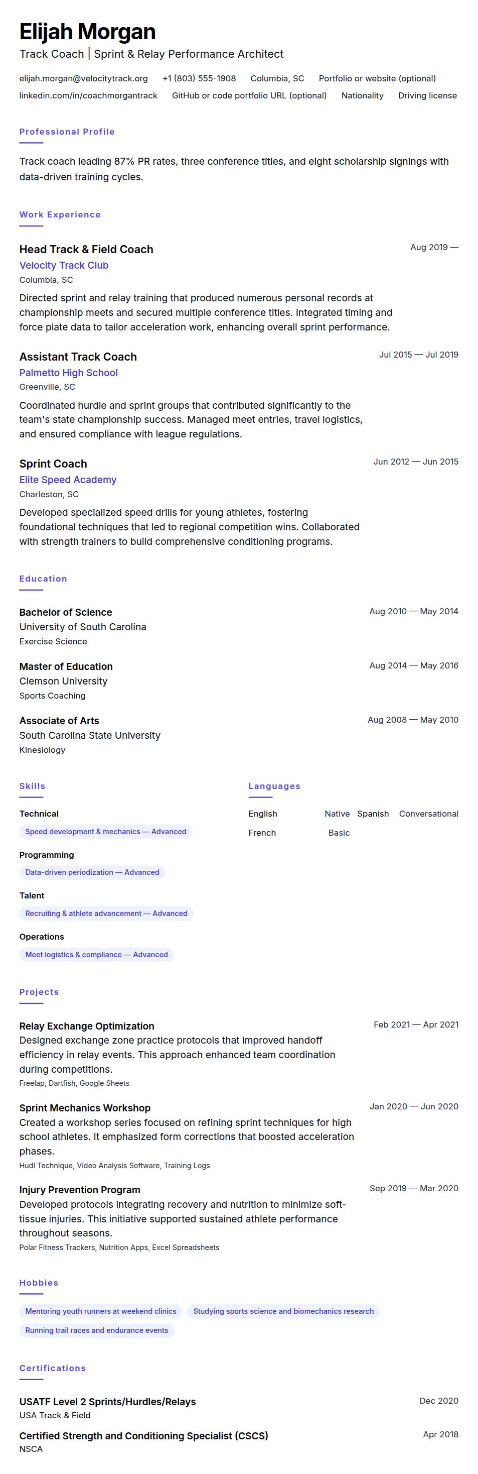 Resume preview for Track Coach Resume Example