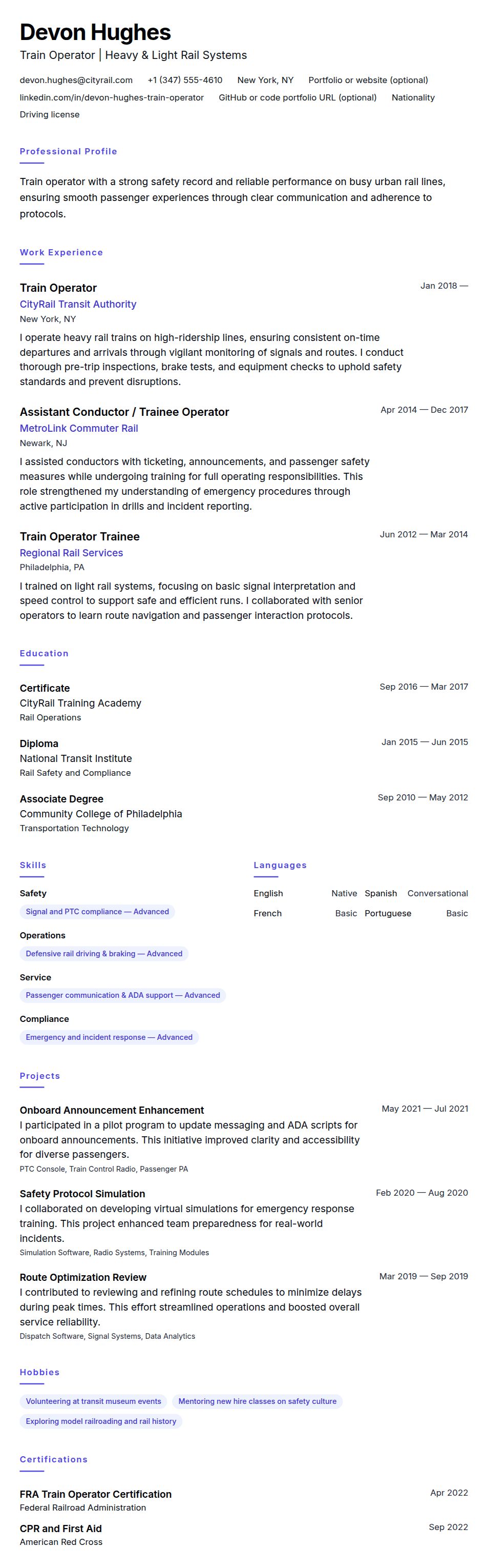 Resume preview for Train Operator Resume Example