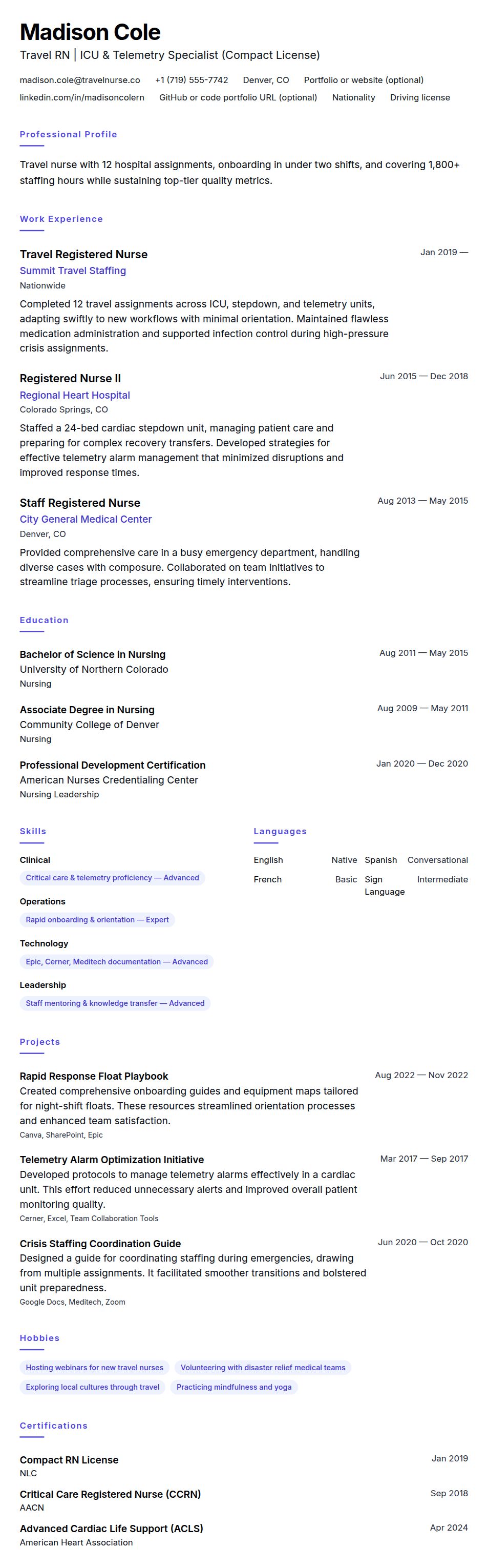 Resume preview for Travel Nurse Resume Example
