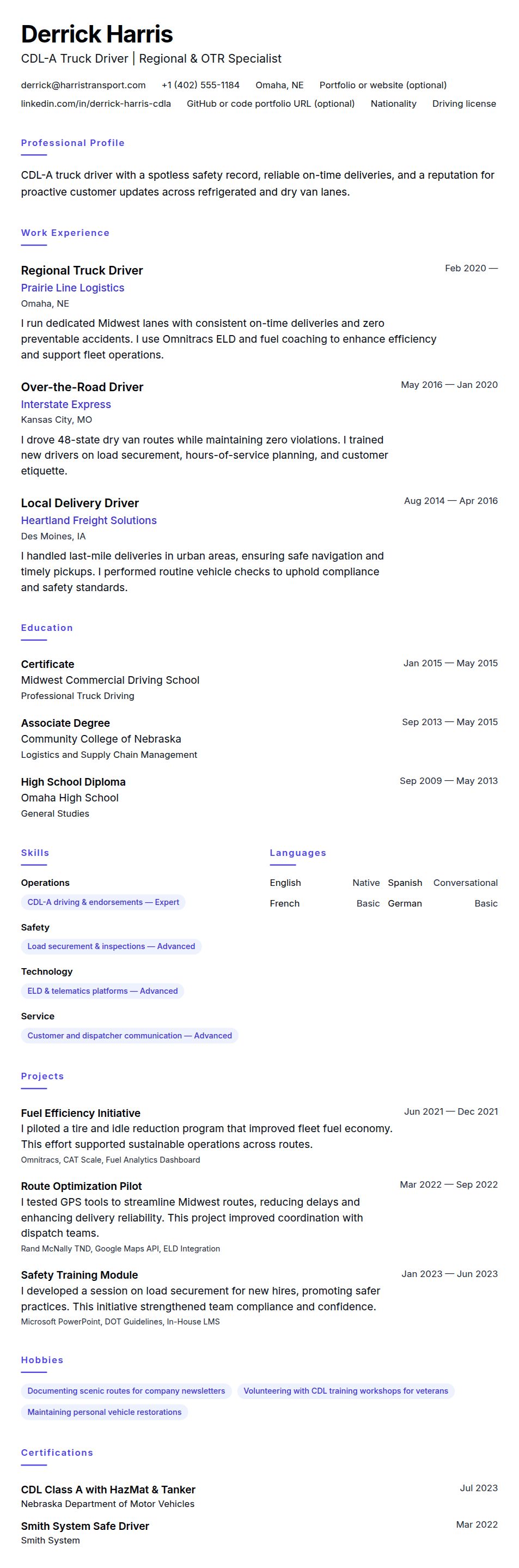 Resume preview for Truck Driver Resume Example