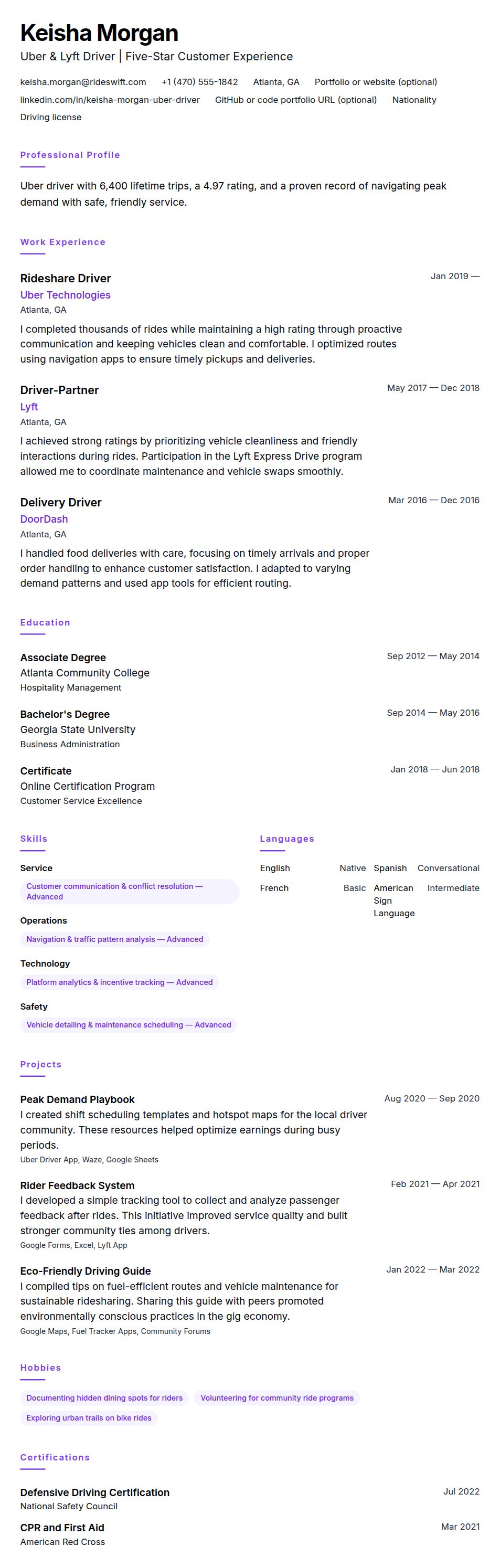 Resume preview for Uber Driver Resume Example