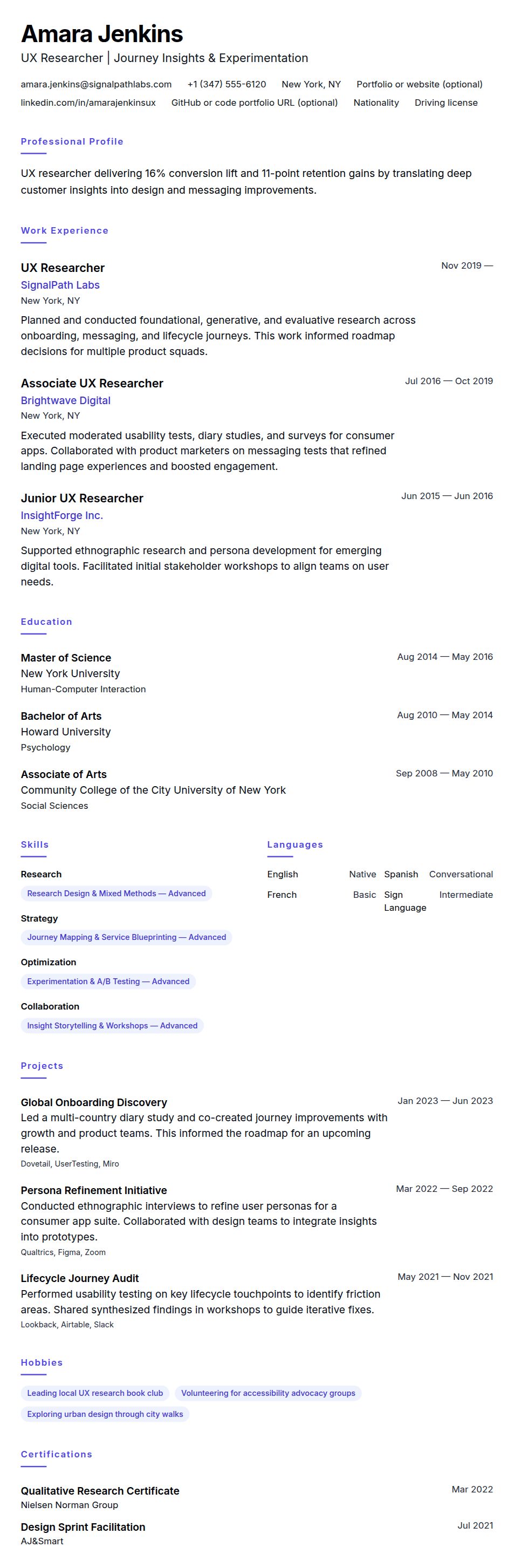 Resume preview for UX Researcher Resume Example