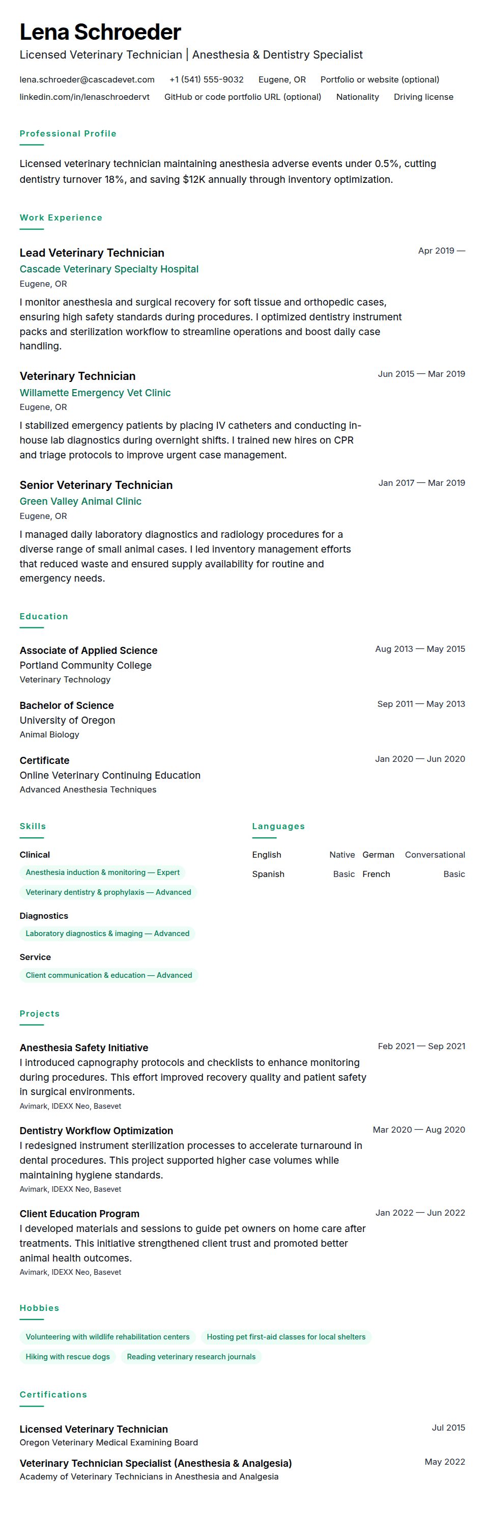 Resume preview for Veterinary Technician Resume Example