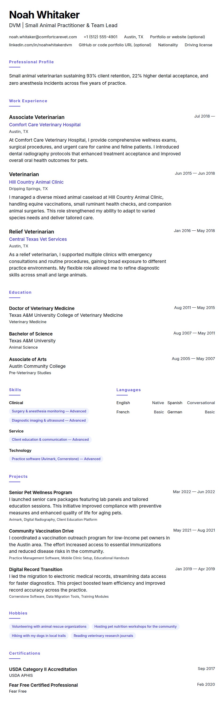Resume preview for Veterinarian Resume Example