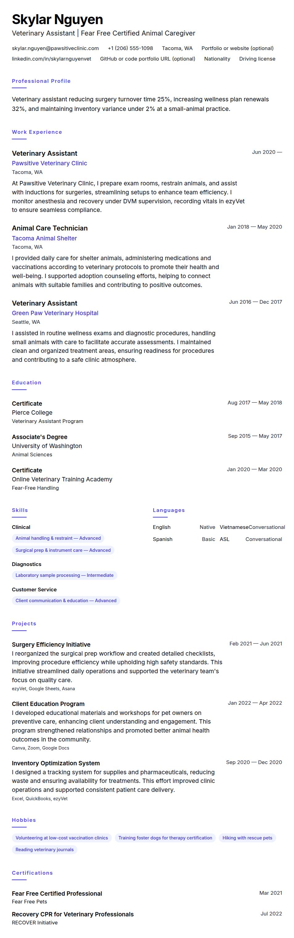 Resume preview for Veterinary Assistant Resume Example