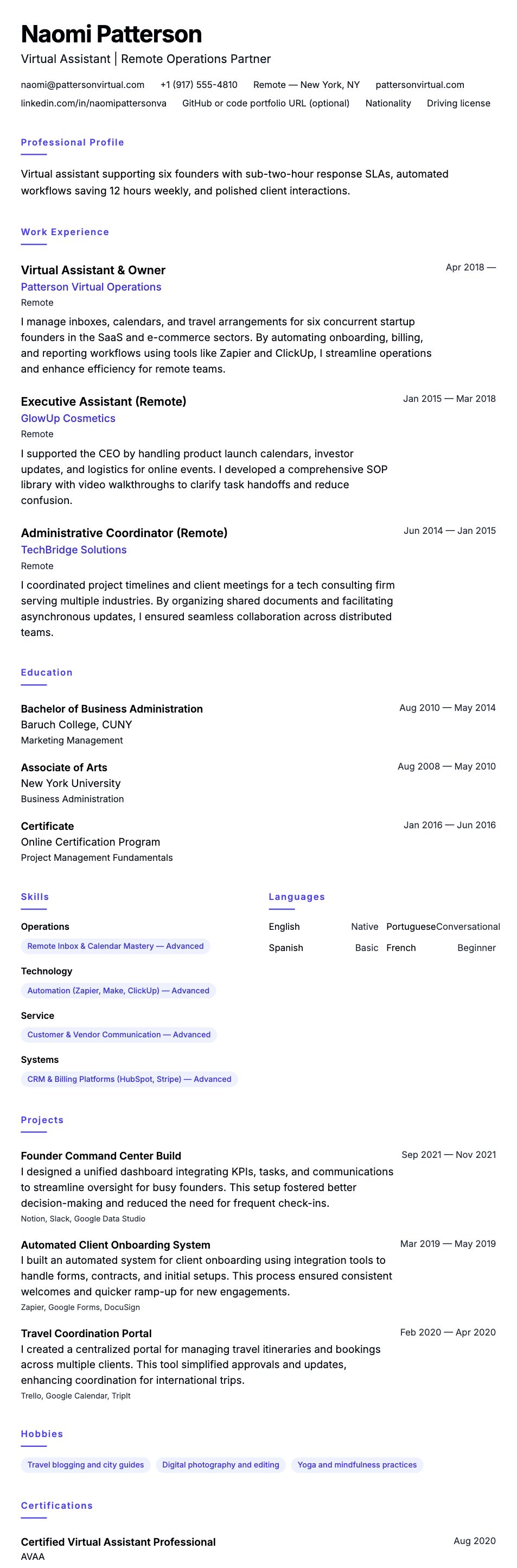 Resume preview for Virtual Assistant Resume Example