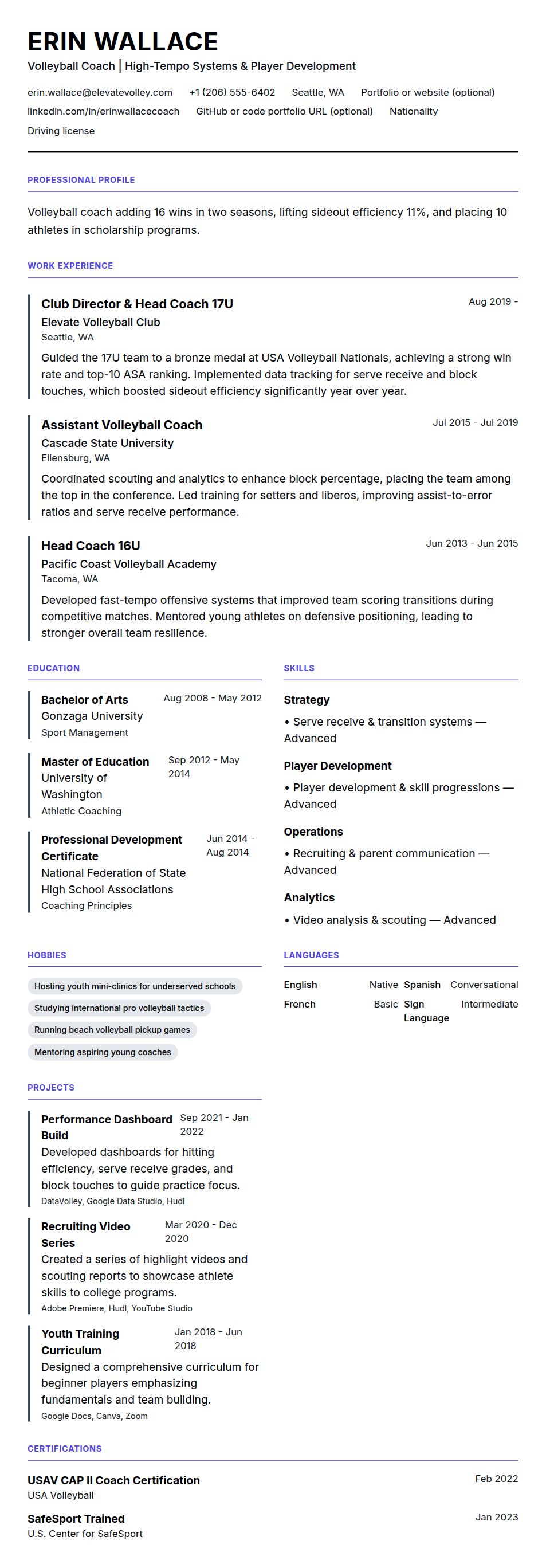 Resume preview for Volleyball Coach Resume Example