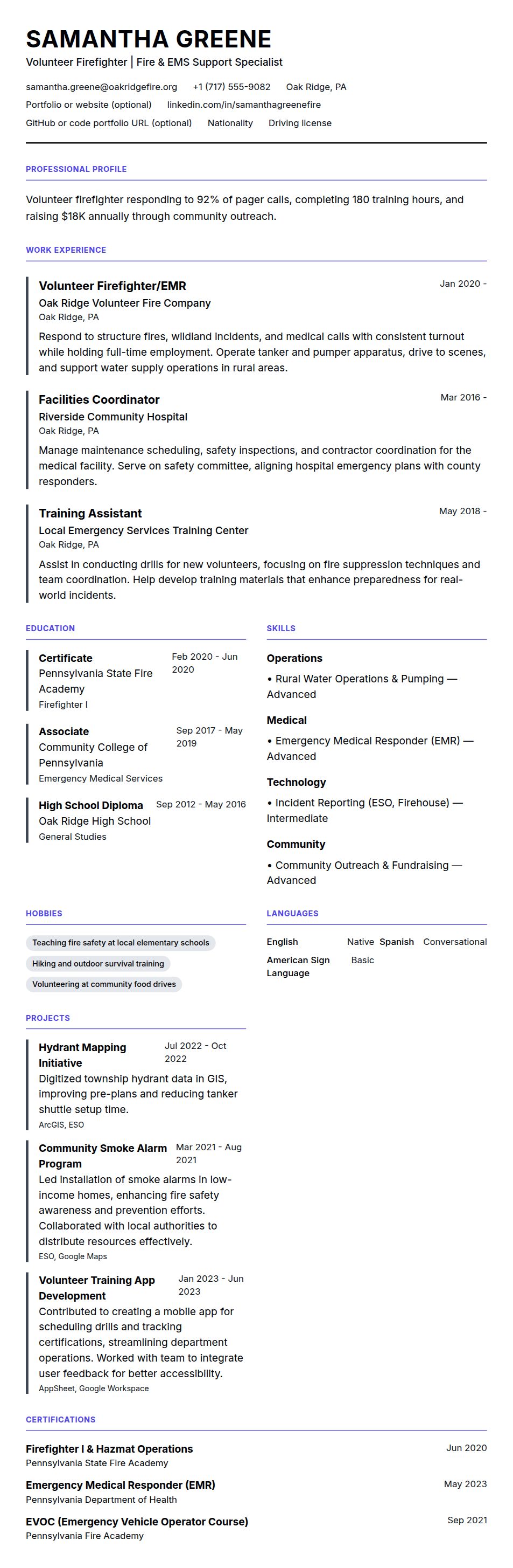 Resume preview for Volunteer Firefighter Resume Example