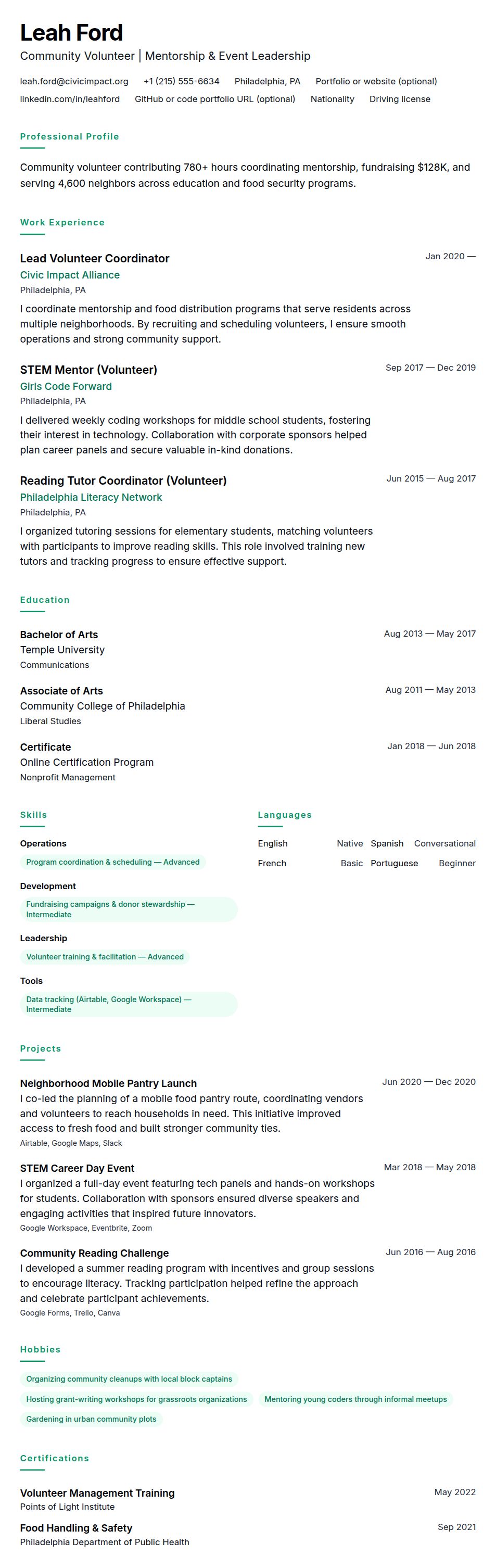 Resume preview for Volunteer Resume Example