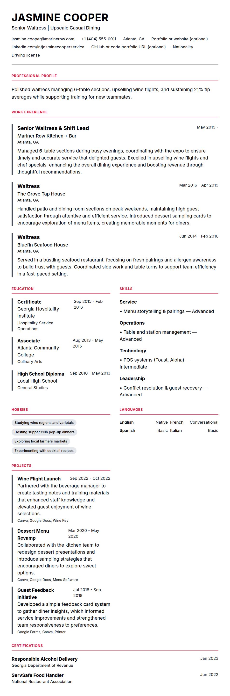 Resume preview for Waitress Resume Example