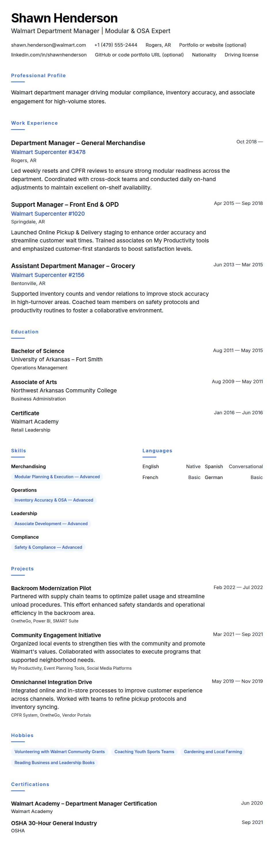 Resume preview for Walmart Department Manager Resume Example