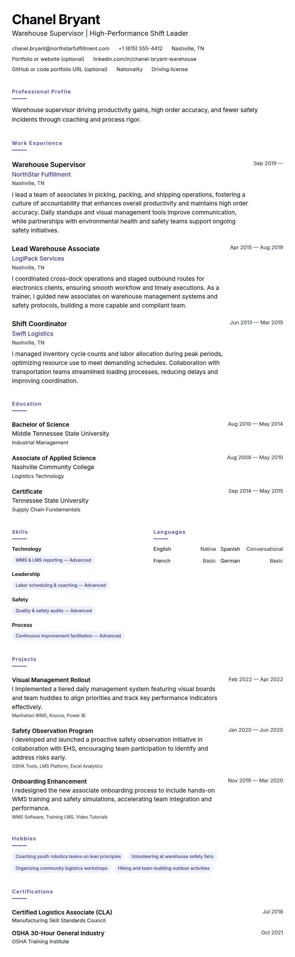 Resume preview for Warehouse Supervisor Resume Example