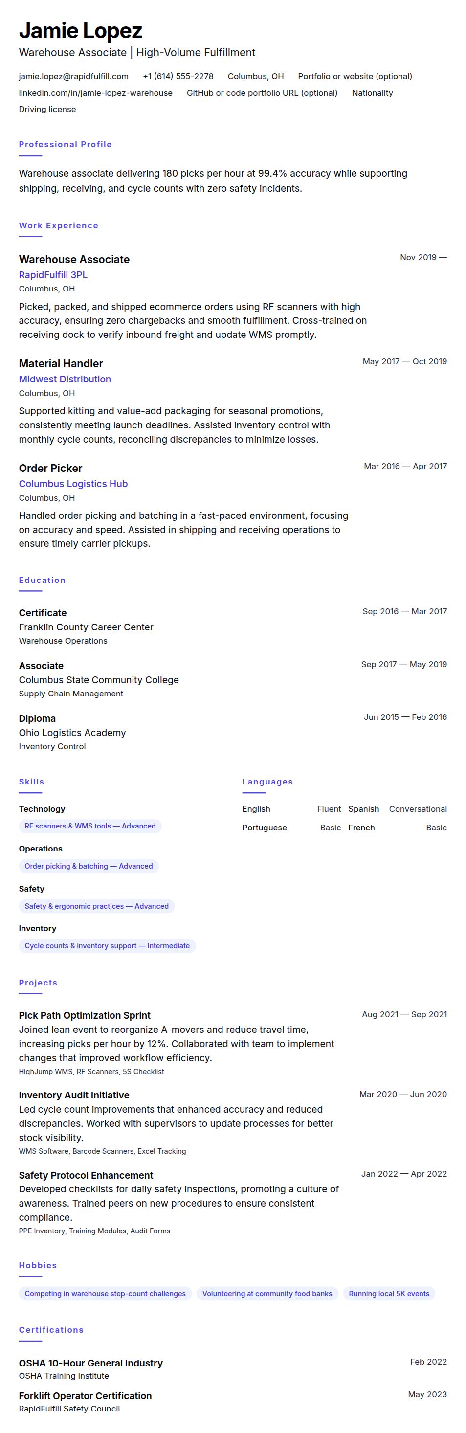 Resume preview for Warehouse Worker Resume Example