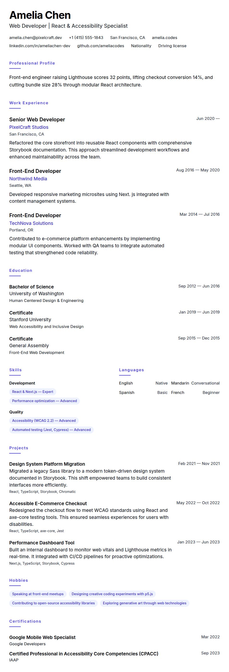Resume preview for Web Developer Resume Example