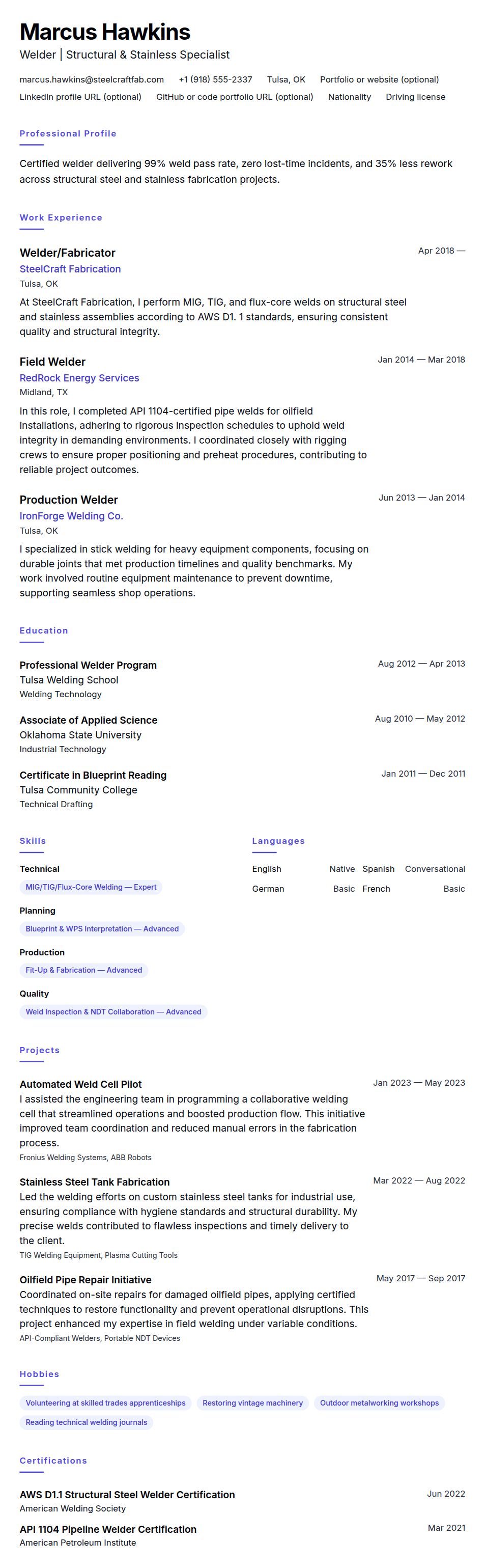 Resume preview for Welder Resume Example