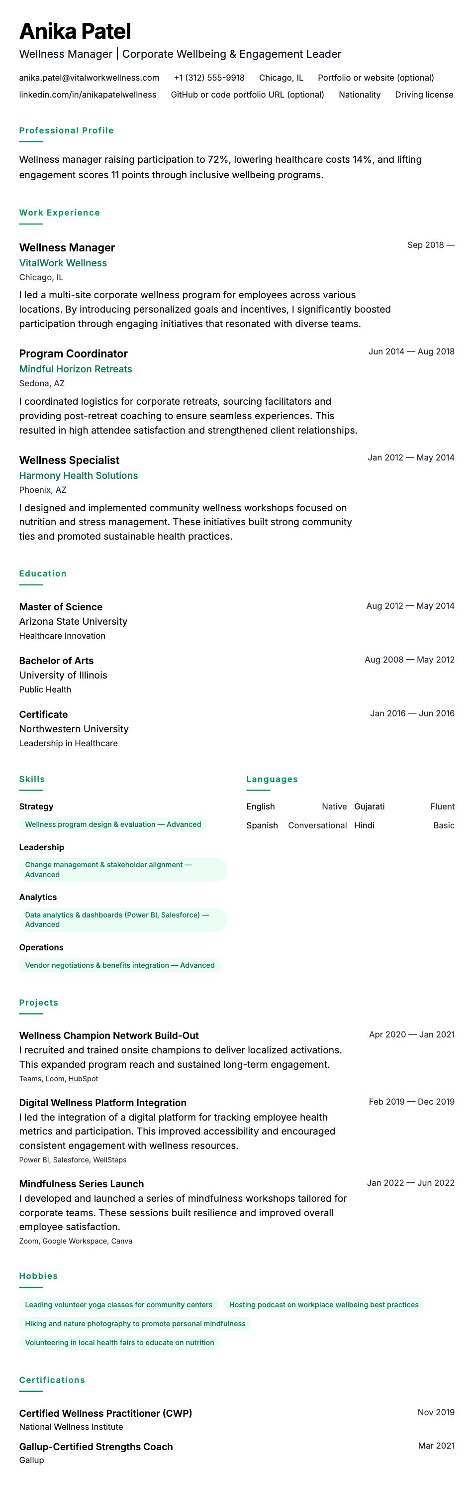 Resume preview for Wellness Manager Resume Example