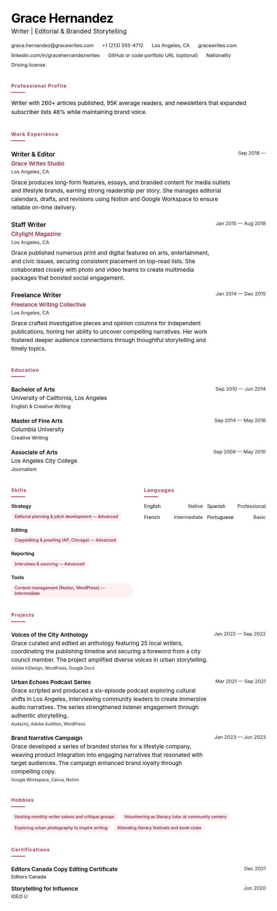 Resume preview for Writer Resume Example