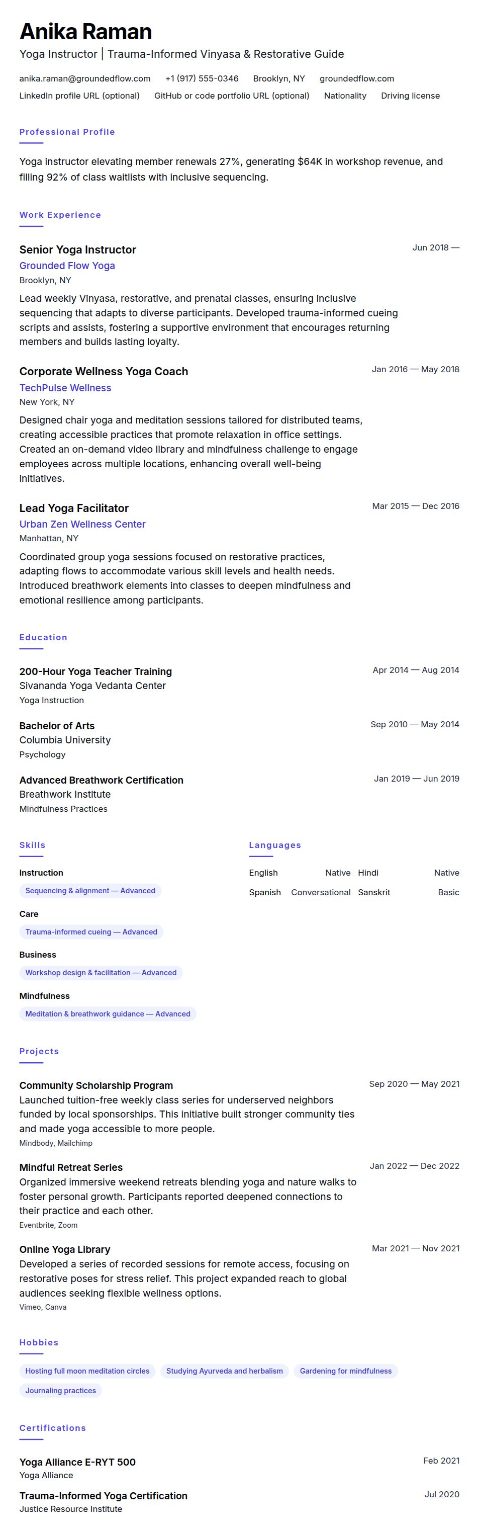 Resume preview for Yoga Instructor Resume Example