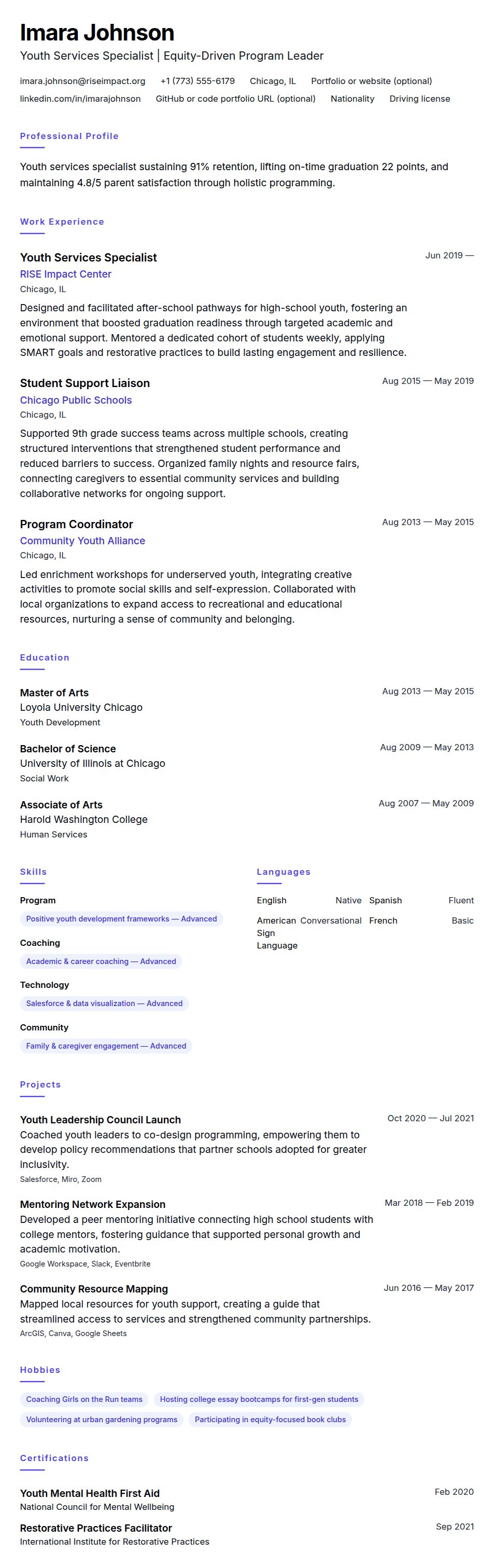 Resume preview for Youth Services Specialist Resume Example