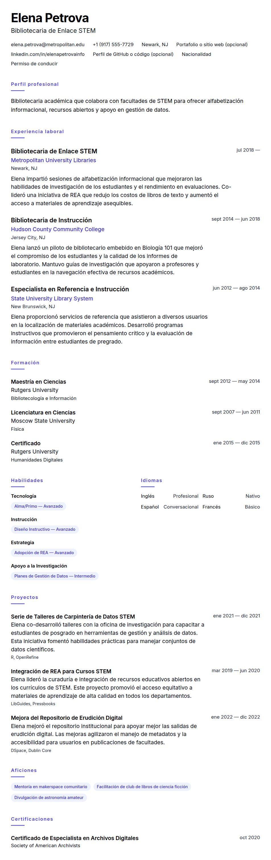 Ejemplo de Currículum de Bibliotecario Académico