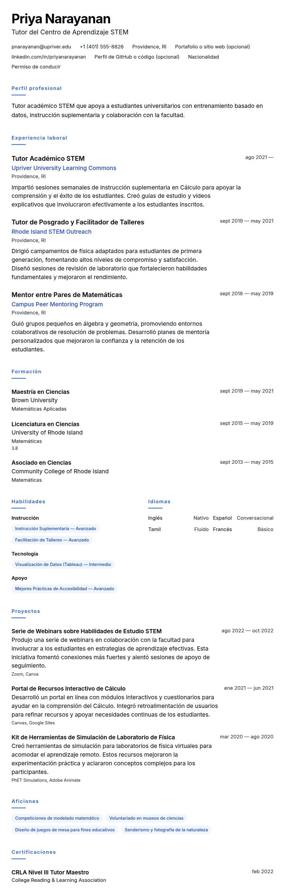 Vista previa del currículum Ejemplo de Currículum de Tutor Académico