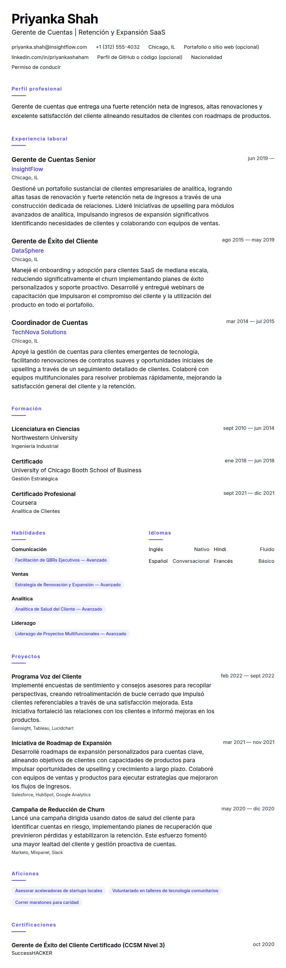 Vista previa del currículum Ejemplo de Currículum de Gerente de Cuentas