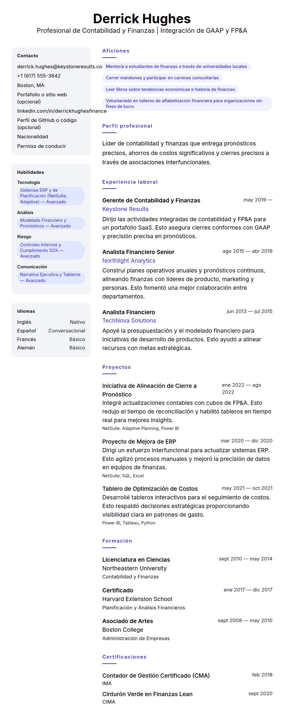 Ejemplo de Currículum de Profesional de Contabilidad y Finanzas