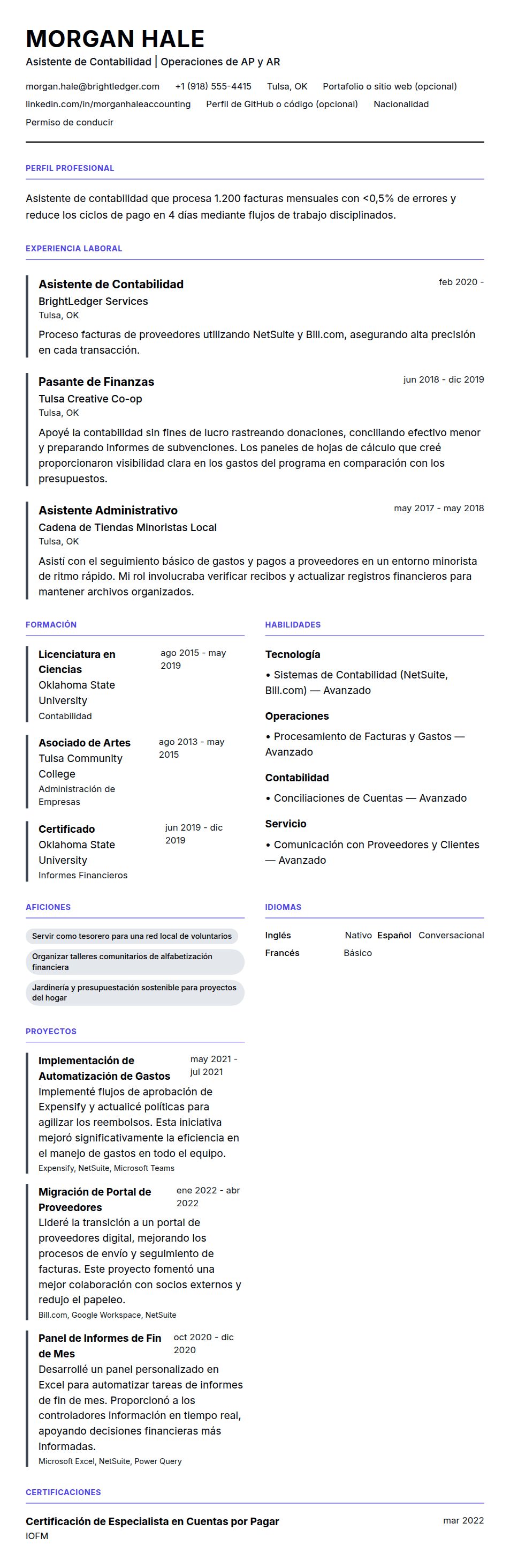 Vista previa del currículum Ejemplo de Currículum de Asistente de Contabilidad