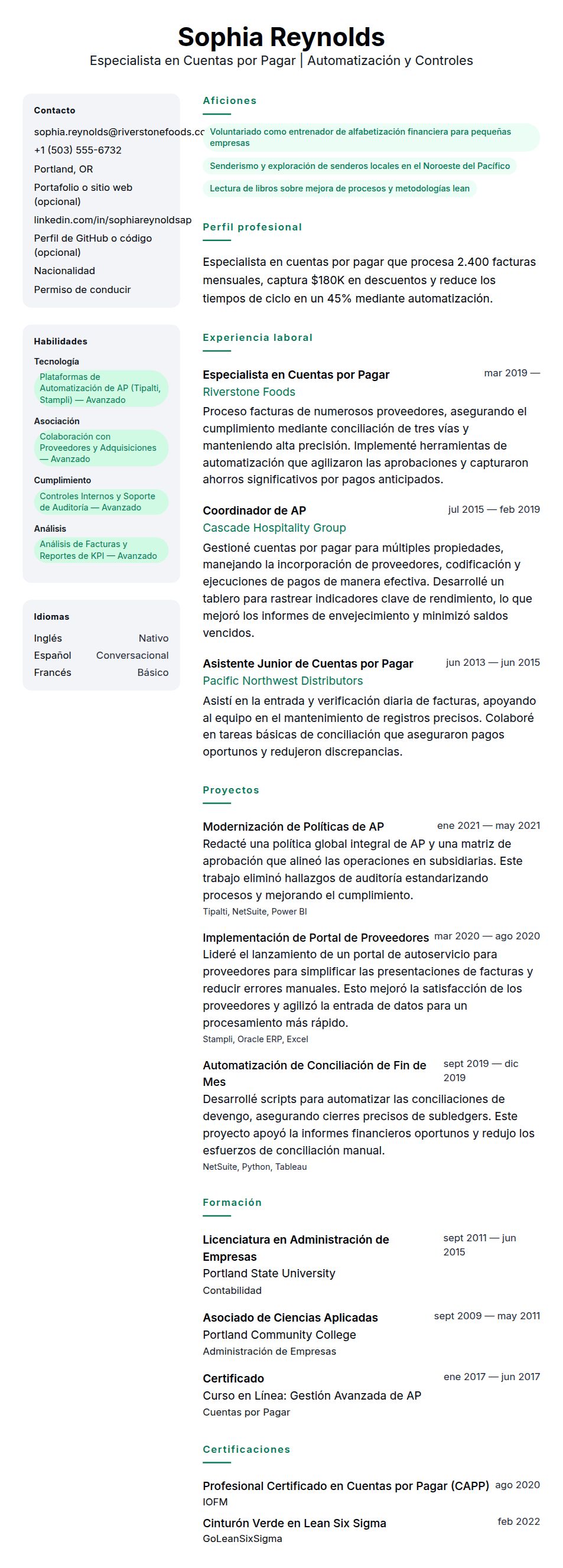 Vista previa del currículum Ejemplo de Currículum de Especialista en Cuentas por Pagar