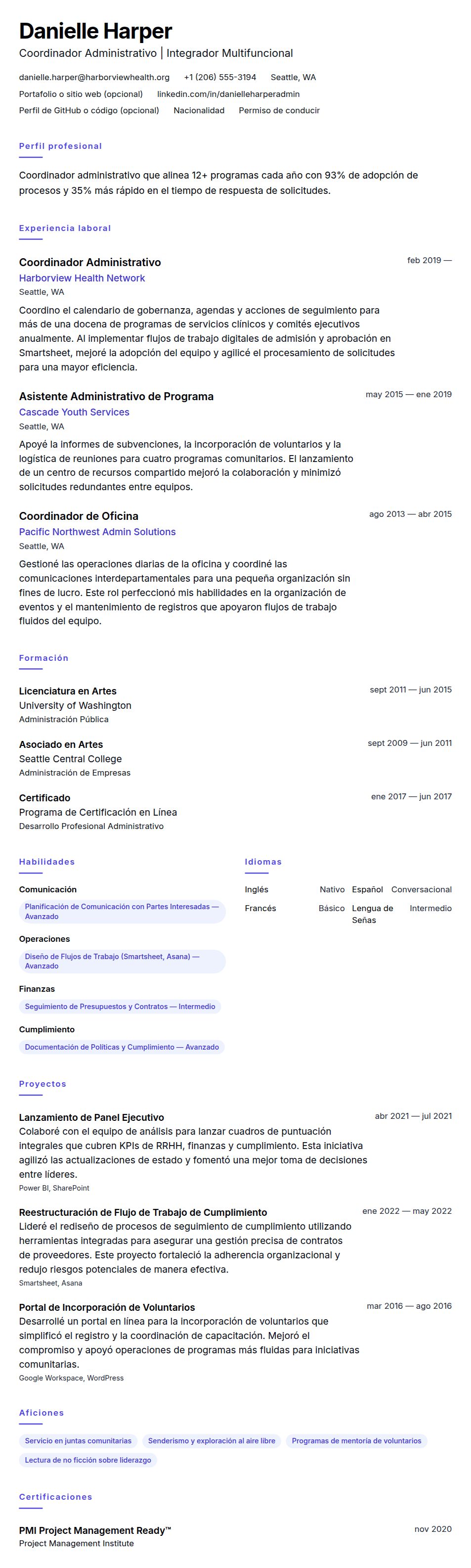 Ejemplo de Currículum de Coordinador Administrativo