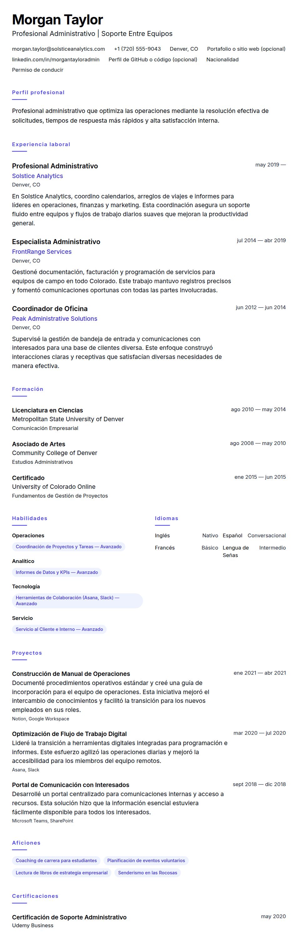 Vista previa del currículum Ejemplo de Currículum de Profesional Administrativo