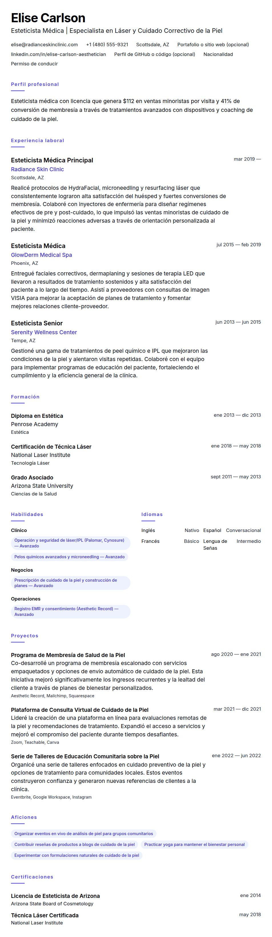 Vista previa del currículum Ejemplo de Currículum de Esteticista Médica