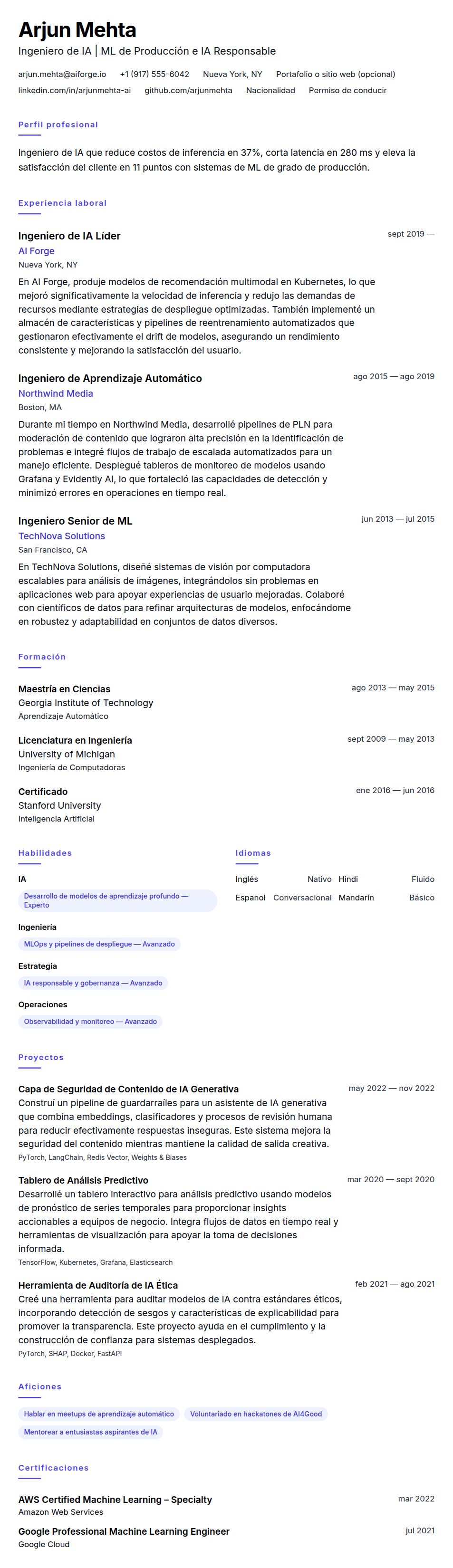 Vista previa del currículum Ejemplo de Currículum de Ingeniero de IA