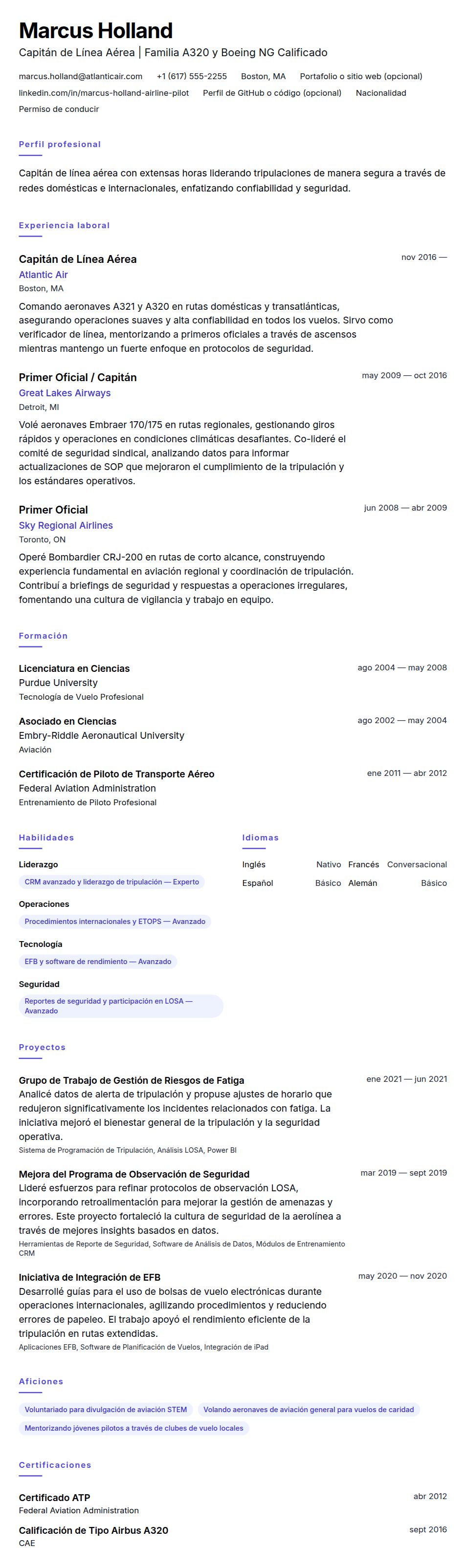 Ejemplo de Currículum de Piloto de Línea Aérea
