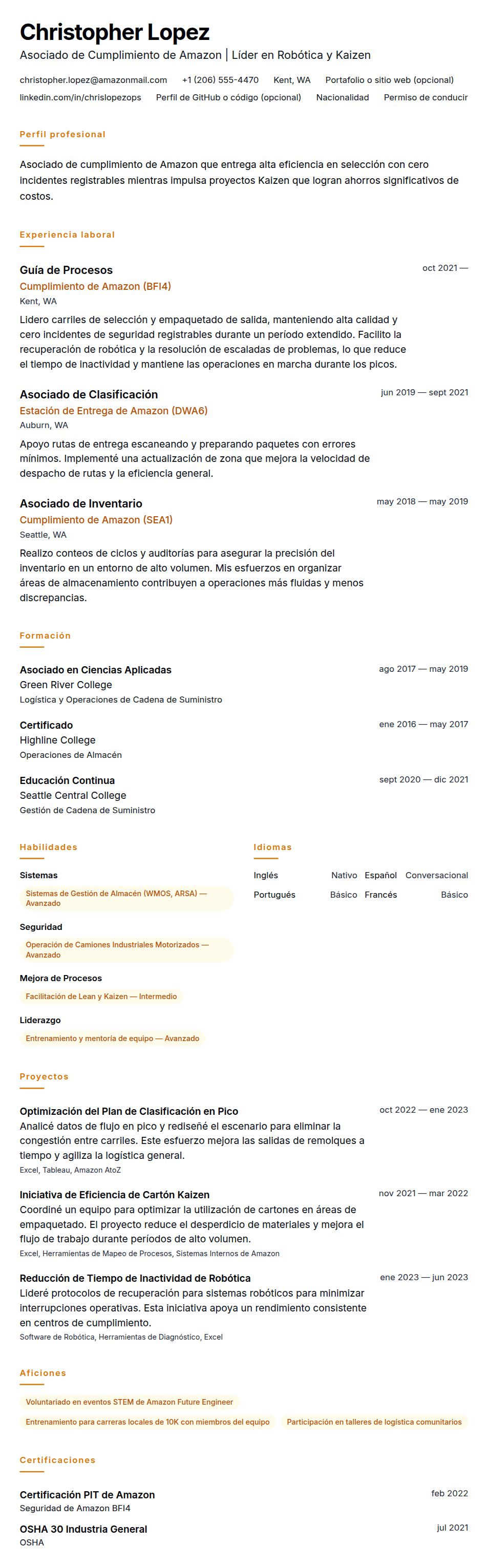 Vista previa del currículum Ejemplo de Currículum de Asociado de Amazon