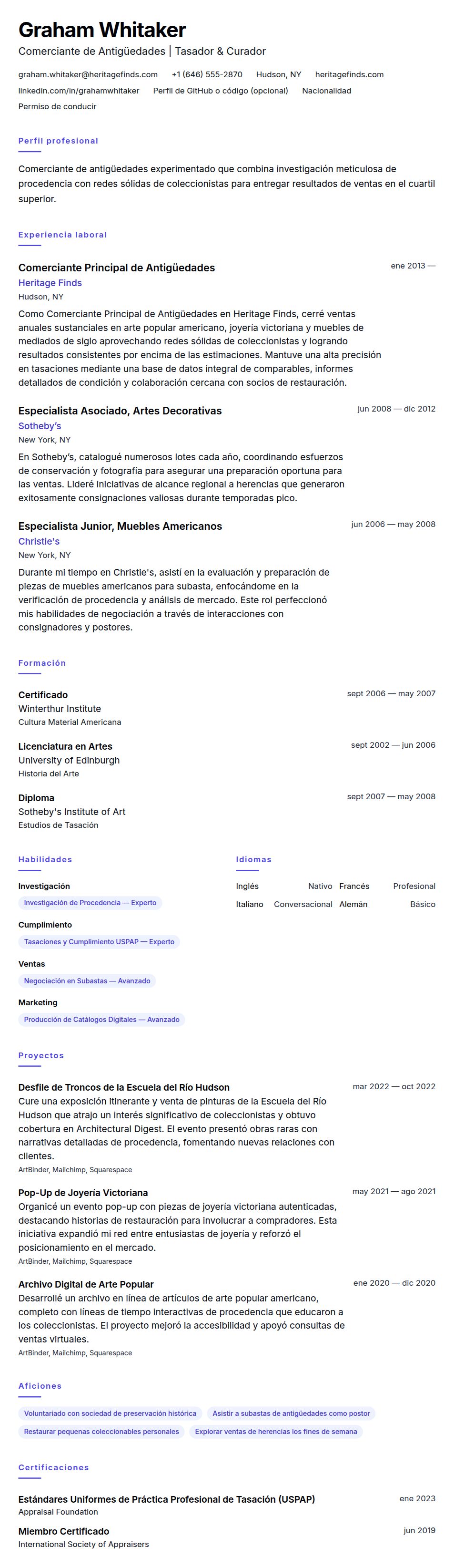 Vista previa del currículum Ejemplo de Currículum de Comerciante de Antigüedades