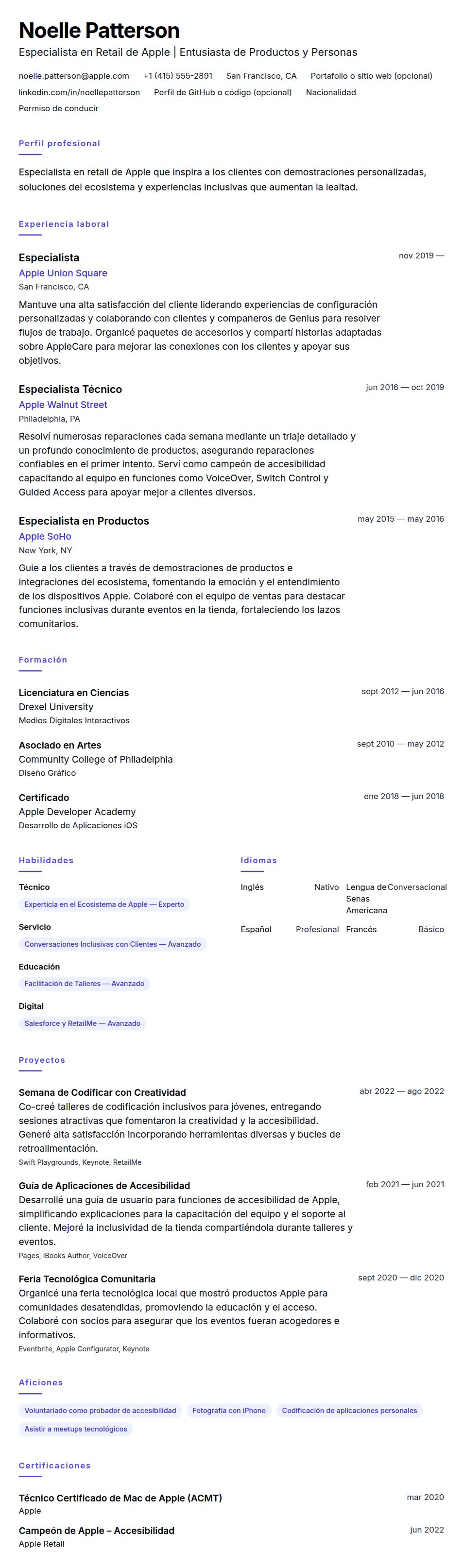 Vista previa del currículum Ejemplo de Currículum de Especialista en Retail de Apple