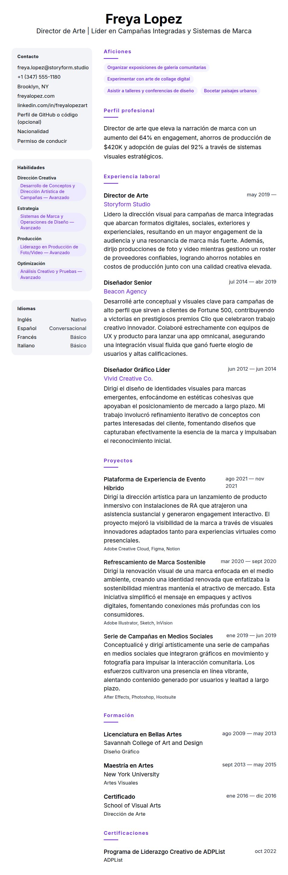 Vista previa del currículum Ejemplo de Currículum de Director de Arte