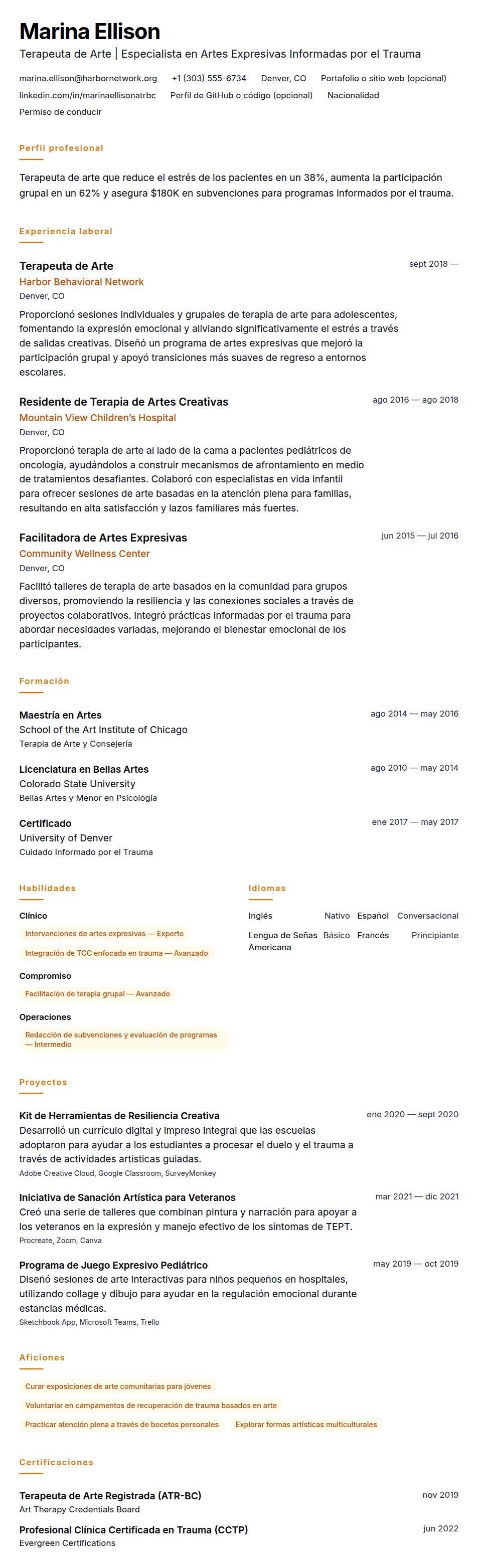 Vista previa del currículum Ejemplo de Currículum de Terapeuta de Arte
