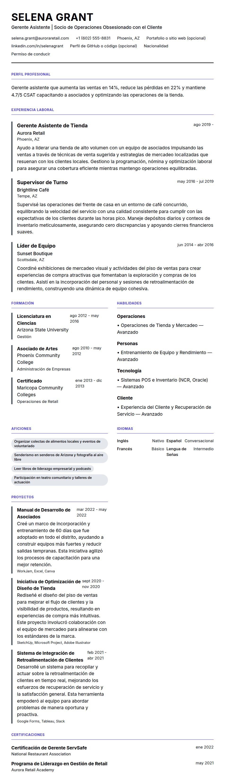 Vista previa del currículum Ejemplo de Currículum de Gerente Asistente