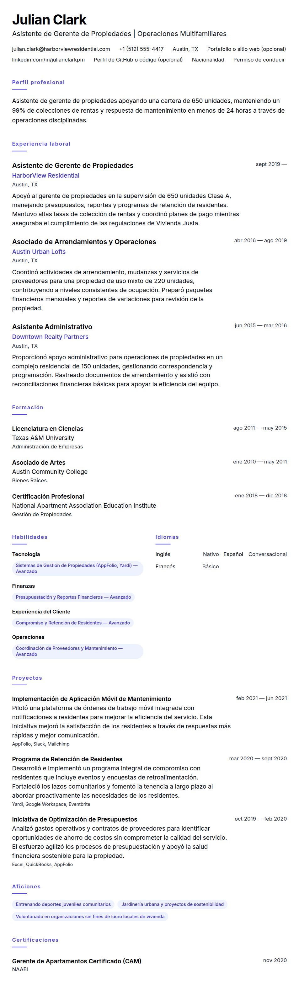 Ejemplo de Currículum de Asistente de Gerente de Propiedades