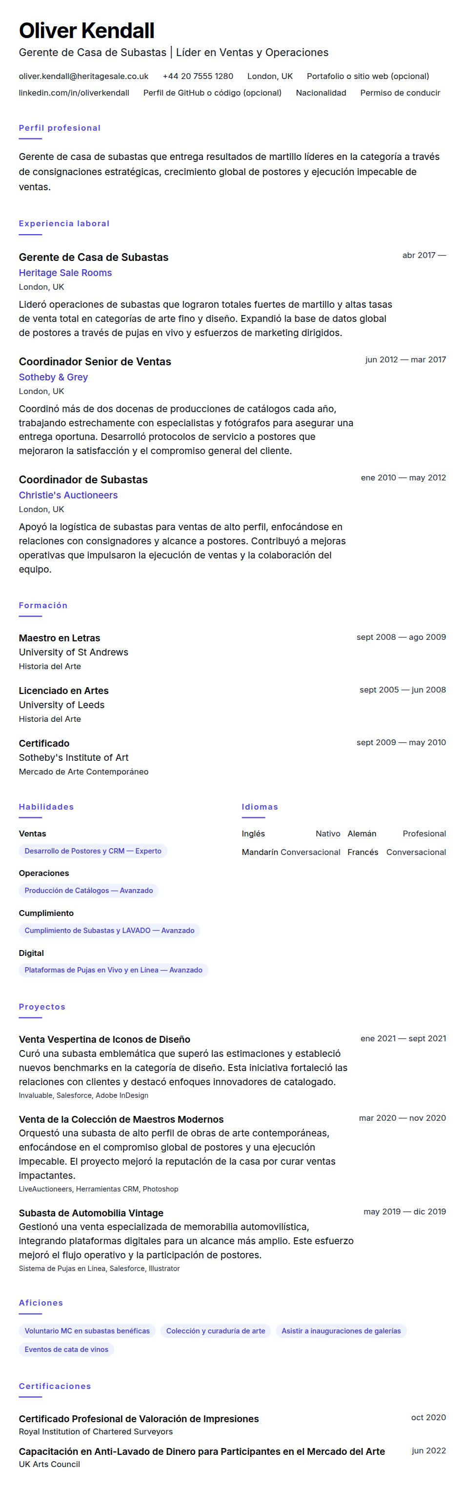 Ejemplo de Currículum de Gerente de Casa de Subastas