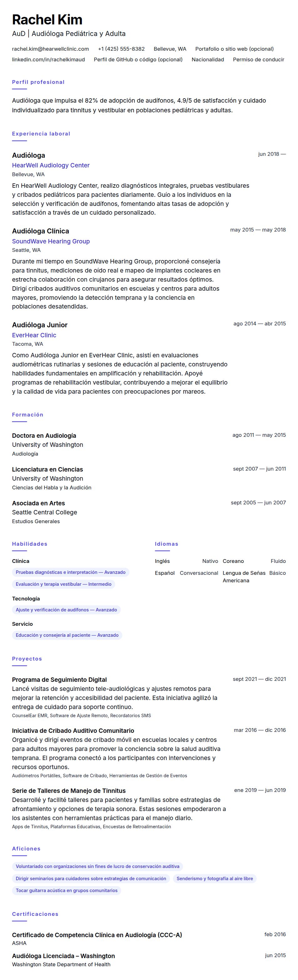 Ejemplo de Currículum de Audiólogo