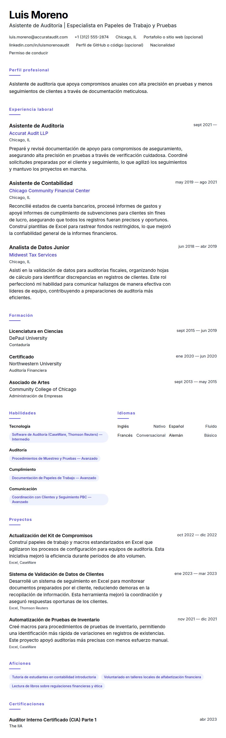 Ejemplo de Currículum de Asistente de Auditoría