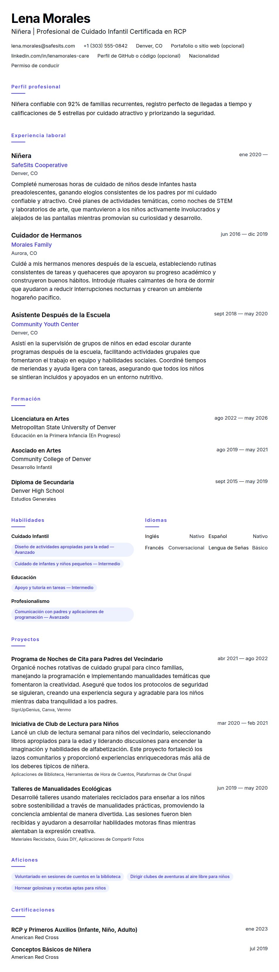 Vista previa del currículum Ejemplo de Currículum de Niñera