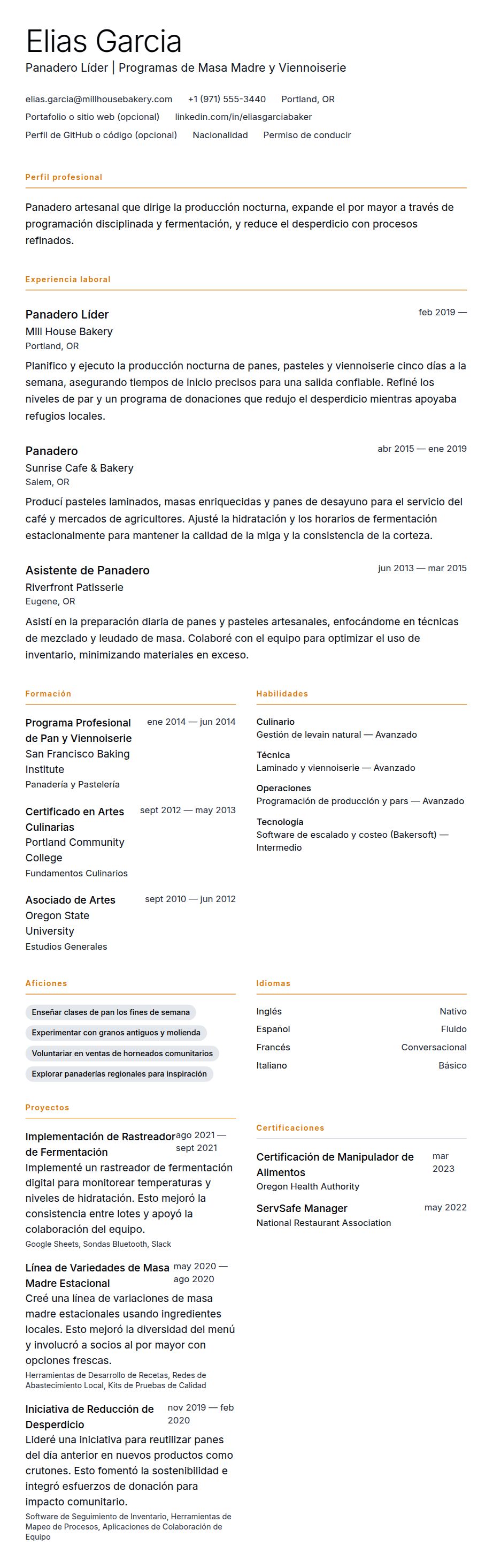 Vista previa del currículum Ejemplo de Currículum de Panadero