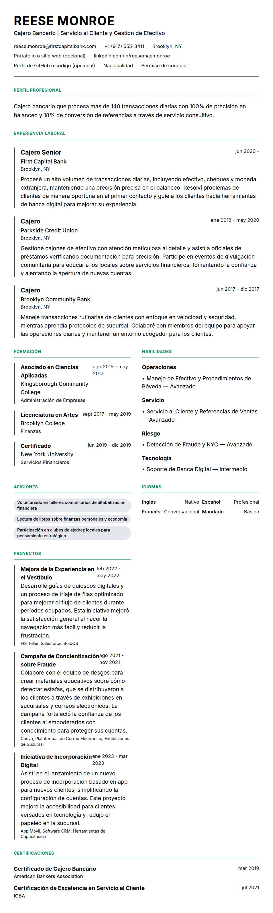Vista previa del currículum Ejemplo de Currículum de Cajero Bancario